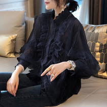 Ruffle collar lace shirt womens top black long-sleeved small shirt fashion Korean 2021 autumn new European station