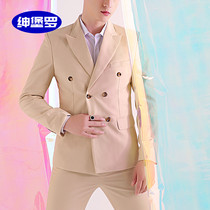 Performance suit suit men's champagne double-breasted studio photo singer host dress slim Korean suit