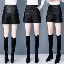 Leather shorts womens fall winter 2022 new high-rise versatile straight-leg outside wearing PU leather pants loose wide leg leg soled boots pants pants