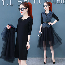 2021 new autumn dress denim temperament spring two-piece Taiwan small suit with yarn skirt light ripe