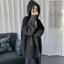 ins yuppie handsome with cap loose thickened sweater male cardigans clothing outside wearing autumn and winter even hat black cashmere sweatshirt