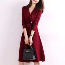 Boo Pala simple temperament Medium-length dress V neck wool knitted dress autumn and winter New A- line dress waist slim