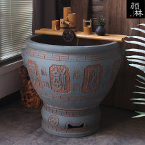 Fresh Chinese water tank basin soil pottery blue hand-carved bowl lotus fish tank decoration water scene ecological living room hydroponics