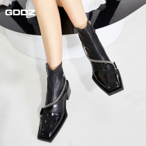 Designer new personality square head coarse heel elastic slim boot genuine leather side zipped Chelsea boot female chain short boot