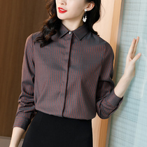 Vertical striped shirt womens long-sleeved 2021 new professional loose spring base shirt velvet thickened warm shirt