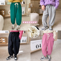 Children plus suede sports pants 21 winter male and female child baby pure color loose smile face silver fox suede warm and small feet long pants tide