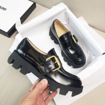 European station 2020 new leather Joker single shoe buckle thick bottom muffin small leather shoes English style Lefu shoes