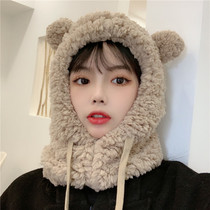 Bear ear hat female autumn and winter cute winter plush scarf all-in-one Korean version of ear protection to keep warm bib cold