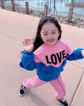 Milk Dads Home BR New Children Powder Blue Parquet Color Love Sports Casual Alphabet Sweetwear Sweatpants Suit 3S