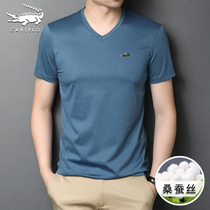 Crocodile summer mulberry silk short sleeve T-shirt mens V collar solid color Thin Ice Silk young and base shirt mens tide