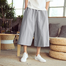 Culottes mens special wide eight-point pants summer thin wide leg pants elastic home Japanese solid color male cotton linen 8-point pants