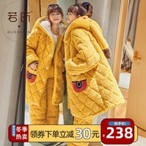 Coral velvet pajamas womens autumn and winter thick three-layer cotton warm robe set cute flannel home wear