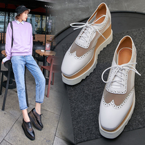 European station leather lace mesh gauze thick sole shoes women 2021 British spring and summer Joker casual carved pine cake shoes tide tide