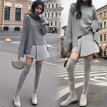 Spring and Autumn high boots medium heel light gray boots Childrens 2021 autumn elastic boots womens flat over-the-knee boots
