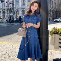 Denim Dress Mid Dress Mid woman 2022 Summer new Body Slim Fit Slim Short Sleeve Cashews Antique Horn Skirt