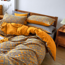 Category A high-end nude sleeping double layer yarn 100 pure cotton bed with four sets of full cotton linen light extravagant advanced feeling ultra-soft and skinny