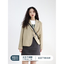 Fine points spring standing on the branch wasted spring new retro yellow small fine plaid short blazer female thin section