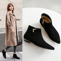 Short boots womens 2022 winter new leather Korean version flat ankle boots frosted plus velvet and bare boots pointed toe flat heel single boots