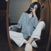 Cotton Home Clothing Womens Autumn Winter Long Sleeve Broadlegged Trousers Korean Version Pyjamas Womens Spring Thin outside wearing suit Two sets