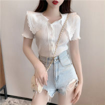  Doll collar stitching short-sleeved knitted ice silk T-shirt 2020 summer new thin slim-fit short cardigan top women