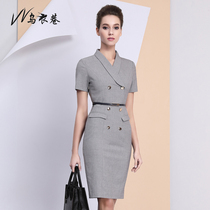 Gray professional dress dress slim temperament female executive dress double-breasted one-step skirt ol short sleeve overalls