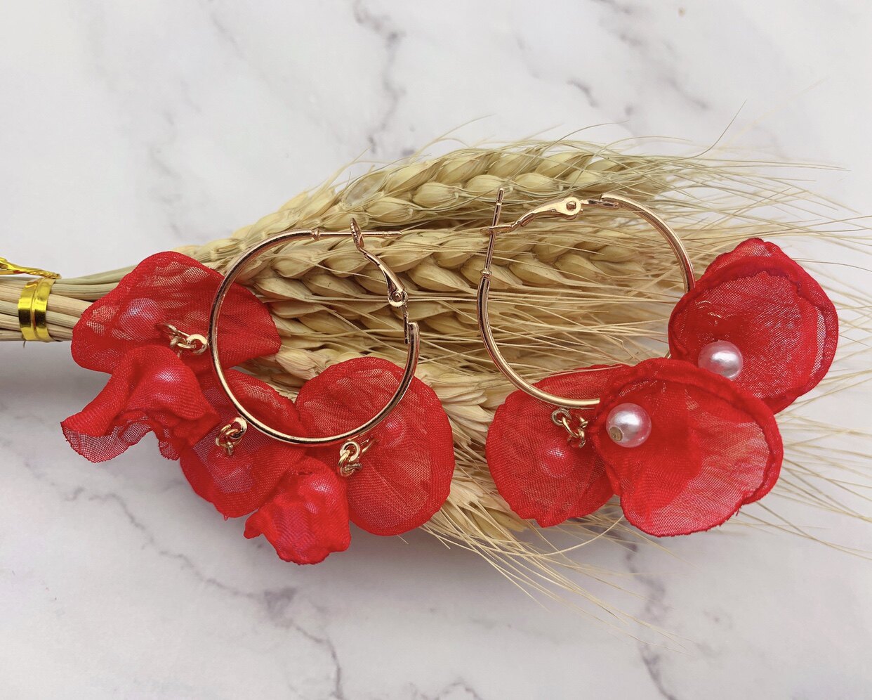 2021茹喻耳饰彩色珍珠布花日韩时尚流行耳环详情3