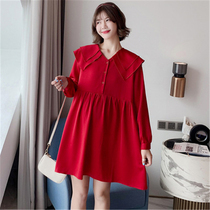 Red dress winter maternity dress Pregnant woman toast dress Bride wedding dress cover belly back door red dress loose