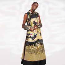  Cloud decoration totem original womens handmade old embroidery ethnic style double-sided plate Gold Dalong Chinese stand-up collar sleeveless dress