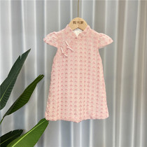 One-year-old childrens cheongsam summer girls Western-style pink dress 2 years old 345 infant baby short-sleeved chiffon