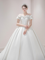 Satin one-shoulder light main wedding dress 2021 new temperament bride court princess French simple trailing gauze