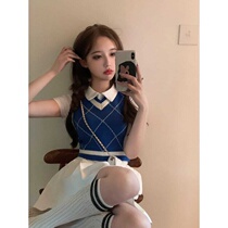  Lingge v-neck knitted vest vest womens 2021 spring external fashion short blue vest skirt two-piece set