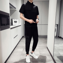 Fried Street One Suit Mens Summer Short Sleeve POLO Shirt 90% Bunches Leggings Pants Two Sets Uppie Handsome Striped Mens Wave