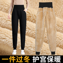 Korean sports pants womens autumn and winter plus velvet thickened high waist lamb velvet loose casual wear warm cotton pants tide tide