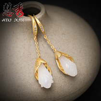 Hetian Jade gold inlaid jade orchid long personality temperament earring white jade ear jewelry to send mother mother girlfriend ear hook