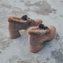 Mao shoes womens autumn and winter wear 2021 new leather plus velvet net red Muller thick high heel fashion explosive single shoes