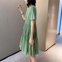 European station 2021 New European high waisted skirt female summer A character foreign casual avocado green dress