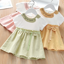 Girls  Dresses Childrens skirts New doll Collar princess dresses Sweet Wild Cotton and linen skirts Summer short-sleeved skirts