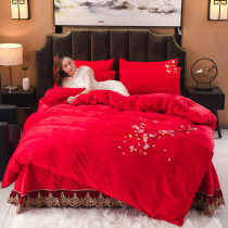 ins autumn and winter new products European and American wind crystal suede baby suede brief wedding big red warm bed cover with four pieces of cover