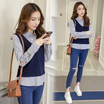 Sweet shirt women long sleeve 2021 Spring and Autumn New slim slim fake two-piece pullover doll collar striped shirt