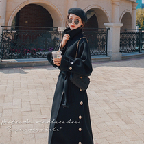Black wool coat womens 2020 new autumn and winter thickened mid-long section over the knee Korean version loose wool coat