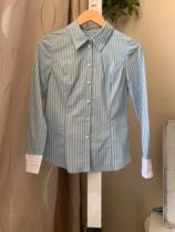  S spot womens clothing 2019 autumn and winter new striped square collar cotton contrast color cuff slim shirt SFBA98906L