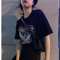 Gangfeng cotton short-sleeved T-shirt female summer Korean version of loose ins tide lazy middle and long letter printing students on clothes