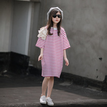 UK next sara childrens dress 2022 Summer new Korean version girl with long striped short sleeve T-shirt