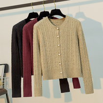 Small knitted cardigan womens sweater jacket foreign style round neck small fragrant wind spring and autumn pearl buttons black outer shawl