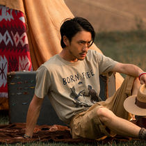 SOARIN American vintage printed short sleeve T-shirt male Amei click the old pure cotton round collar 100 lap blouse