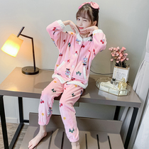 Childrens coral velvet pajamas autumn and winter girls flannel girls Spring and Autumn Home clothing set thickened medium and big children