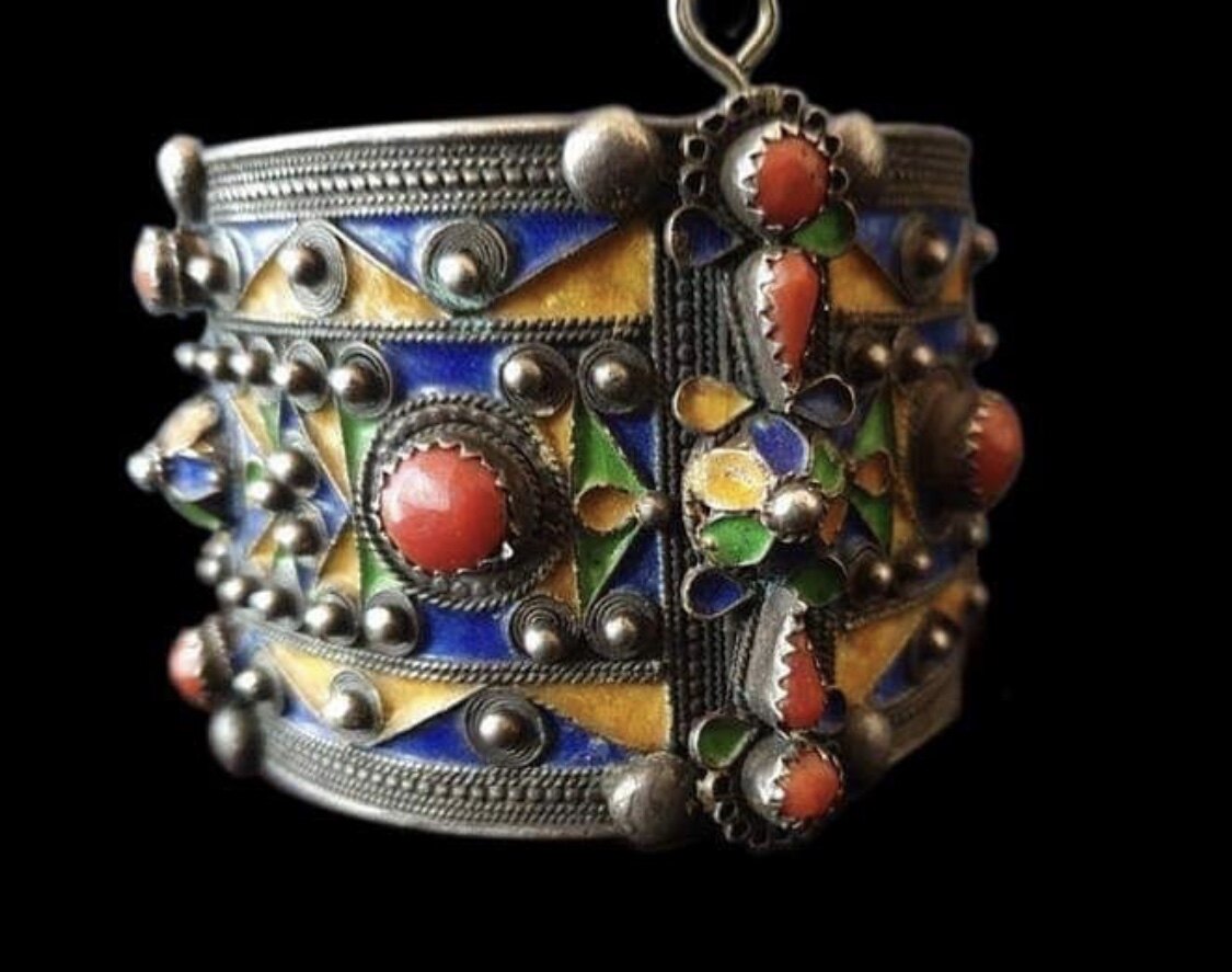 Algeria Berber Enamel Antique Old Silver Bracelet Necklace Africa