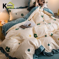 Milk suede winter thickened all-cotton pure cotton bed four pieces of covered coral suede double face suede flannel bed linen