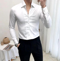 Free-hot stretch white shirt mens fashion British professional silk outside the shirt Casual V-neck solid color Ruffian handsome inch shirt