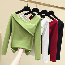 South Korea Sexy straight shoulder pure blouses woman 2020 spring dress new long sleeve open-shoulder outside wearing a T-shirt foreign pistichio